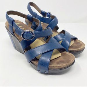 Dansko Women’s Frida Navy Blue Leather Strappy Wedge Sandals